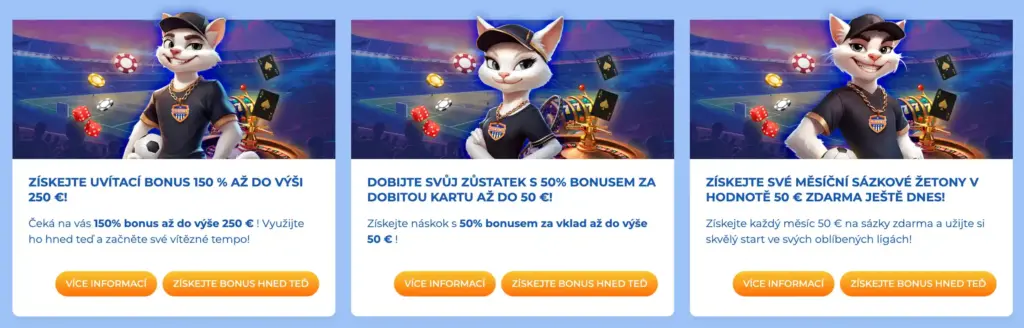 Bonusové nabídky kasina s hravou maskotkou kočkou ve sportovním stadionu, zdůrazňující uvítací bonus 150 %, bonus za dobití a měsíční žetony na sázky zdarma.