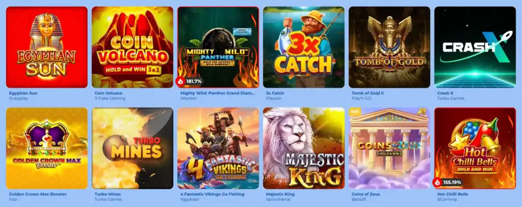 Různé online slotové hry včetně Egyptian Sun, Coin Volcano, Mighty Wild Panther a dalších.