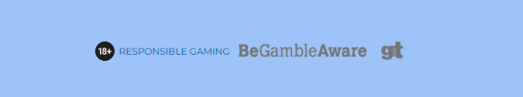 Loga odpovědného hraní, včetně 18+, Responsible Gaming, BeGambleAware a GT, zobrazená na modrém pozadí.