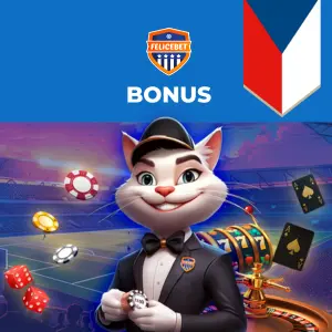 Bonusová nabídka FeliceBet s maskotem kočkou v smokingu držící kasinové žetony, s pozadím se sportovní tematikou.