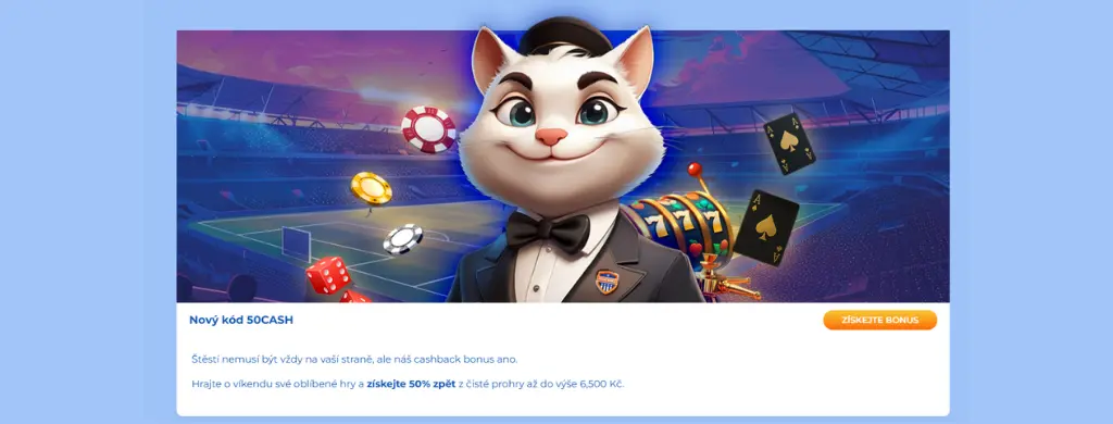 FeliceBet Casino víkendový cashback bonus s maskotem bílé kočky v smokingu – 50% refundace čistých ztrát až do výše 250 €.