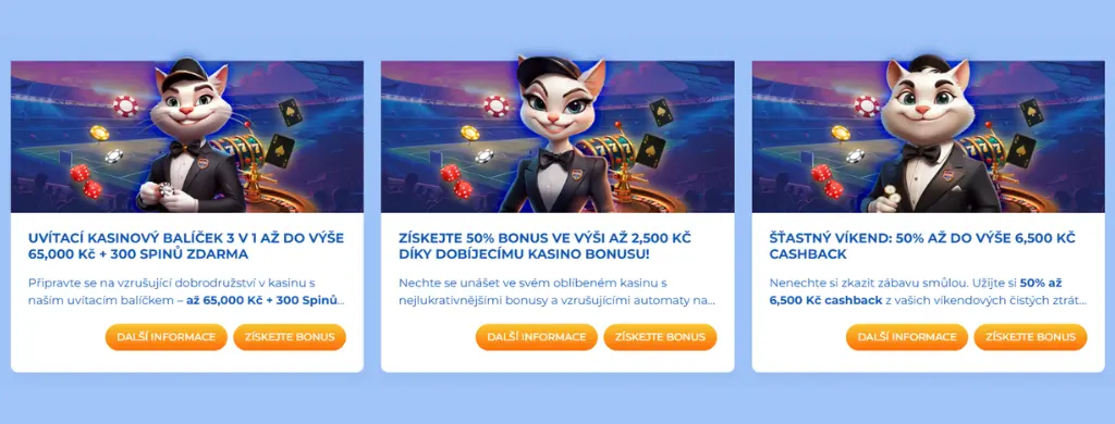 Uvítací bonus FeliceBet Casino nabízí balíček 3 v 1 až do výše 2 600 € s 300 otočeními zdarma, bonusy za dobití a víkendovým cashbackem.