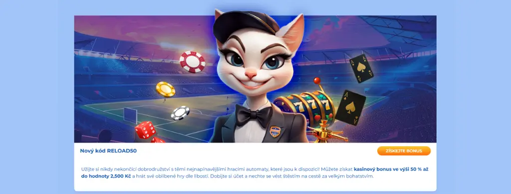 Promo akce FeliceBet reload bonus s kočičím maskotem – 50 % až do výše 100 € bonus do kasina pomocí kódu RELOAD50.
