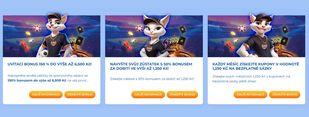 Akce na sportovní sázení FeliceBet – uvítací bonus až do výše 250 €, bonus za dobití až do výše 50 € a měsíční žetony na sázky zdarma v hodnotě 50 €.