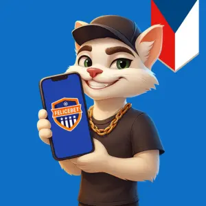 Stylizovaná kočičí postava drží smartphone s logem FeliceBet.