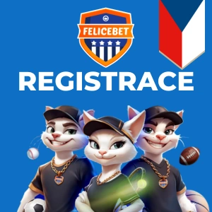 Logo FeliceBet se třemi kočičími postavičkami v sportovním oblečení a nápisem 'REGISTRACE' (Registrace) pod ním, s českou vlajkou v pravém horním rohu.