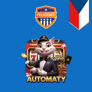 FeliceBet logo with a cute cat dealer next to a slot machine graphic and the word 'AUTOMATY' underneath, with the Czech flag in the top right corner.